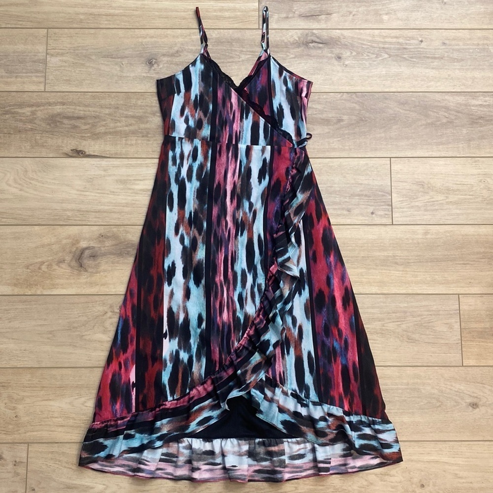 Q+A LA Ruffle Wrap Dress Whimsigoth Vamp Lace Trim Spaghetti Strap Midi Dress